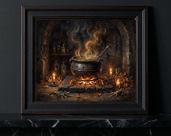 Victorian Gothic Bubbling Cauldron Amber Steam Dark Shadows Canvas Wall Art Office Witchy Decor