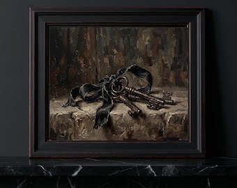 Vintage Skeleton Keys Black Ribbon Oil Painting, Dark Academia Gothic Still Life, Witchy Decor