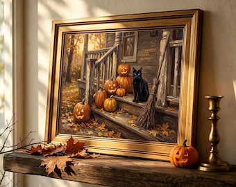 Gold Framed Fall Porch Steps Black Cat, Jack-o-Lantern, Rustic Halloween Cottage Art - 8x10