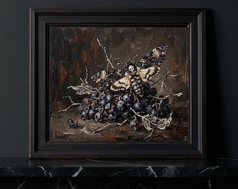 Dark Academia Still Life Print, Death's Head Hawkmoth, Berry Gothic Wall Art (Canvas Print)