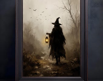Misty Forest Witch Silhouette Canvas, Gothic Halloween Oil Painting, Vintage Lantern Dark Woodland Art