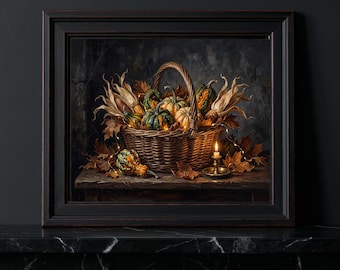 Victorian Gothic Autumn Basket Canvas Wall Art, Moody Still Life Kitchen Decor