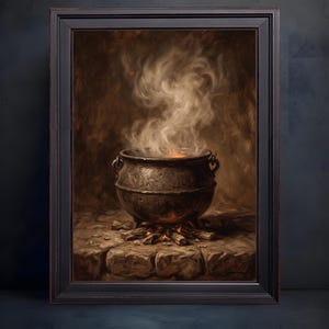 May include: A framed oil painting depicting a dark, textured metal cauldron resting on a stone surface over a small fire. Thick, swirling white steam rises from the pot, which features two side handles and a rounded body, all set in a black frame.