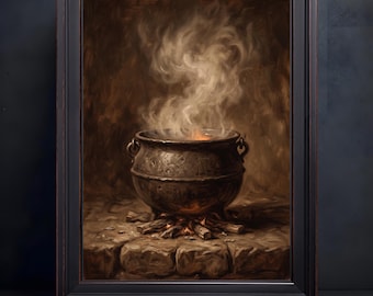 Vintage Witch Cauldron Oil Painting, Dark Academia Halloween Wall Art (Physical Print)