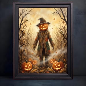 May include: A framed wall art print depicting a scarecrow with a glowing jack-o'-lantern head wearing a tattered coat and hat, standing in a cornfield at dusk. Several illuminated pumpkins are scattered on the ground amidst dry corn stalks.