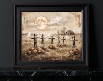 Vintage Halloween Scarecrow Print, Full Moon Ghost Farm Oil Painting, Rustic Fall Art