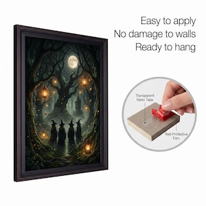 Full Moon Witch Coven Forest Canvas, Four Witches Lanterns, Gothic Halloween Wall Art image 2