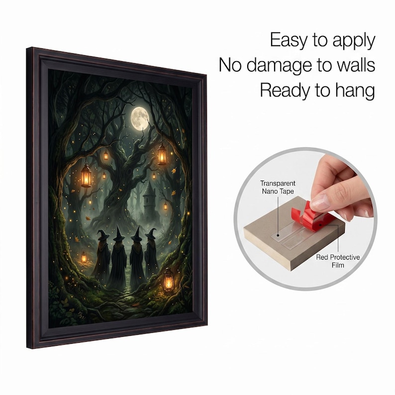 Full Moon Witch Coven Forest Canvas, Four Witches Lanterns, Gothic Halloween Wall Art image 2