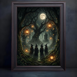 Full Moon Witch Coven Forest Canvas, Four Witches Lanterns, Gothic Halloween Wall Art vintage frame