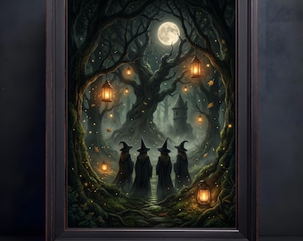 Full Moon Witch Coven Forest Canvas, Four Witches Lanterns, Gothic Halloween Wall Art
