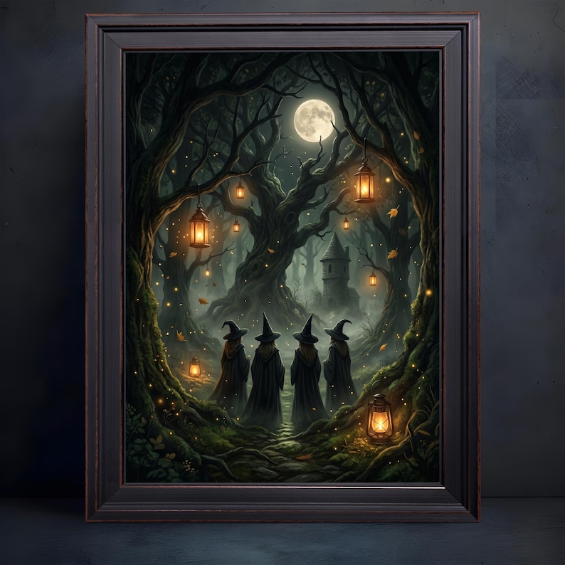 Full Moon Witch Coven Forest Canvas, Four Witches Lanterns, Gothic Halloween Wall Art vintage frame