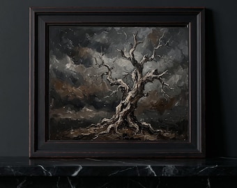 Gnarled Dead Tree Oil Painting Print, Moody Dark Gothic Landscape, Spooky Vintage Fall Decor