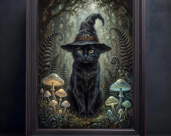 Black Cat Witch Hat Oil Painting Print, Glowing Mushroom Forest Black Cat Halloween Wall Art