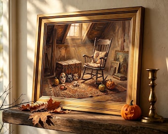 Gold Framed Cozy Attic Room with Rocking Chair & Pumpkins, Vintage Halloween Oil Art (8x10-24x36)