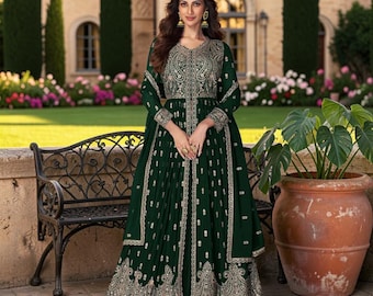 Emerald Green Faux Georgette Anarkali Gown, Pakistani Embroidered Anarkali Suit, Designer Wedding Party Wear with Georgette Dupatta