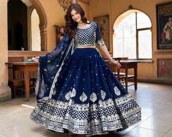 Lehenga Choli de georgette azul marino, vestido de fiesta nupcial con lentejuelas pesadas