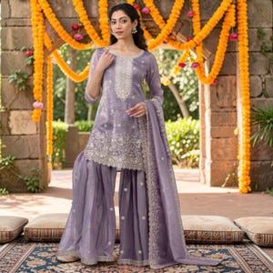 Lavender Fancy Gold Crush Semi-Stitched Palazzo Suit with Heavy Embroidery & Sequence Work | Festive Party Wear Set
