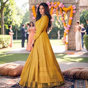 May include: A floor-length mustard yellow gown featuring long sleeves, a high neckline, and intricate vertical embroidery with subtle sequin detailing. The garment has a fitted bodice that transitions into a full, flowing skirt with a solid hemline.