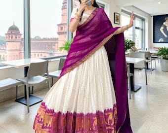 Conjunto de lehenga de poliéster y algodón con tejido zari, estampado nupcial a cuadros, dupatta de georgette, ideal para fiestas, con vuelo de 3,5 m.