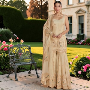 Cream Vichitra Silk Embroidered Palazzo Suit Set with Codding Work Dupatta | Festive Party Wear Ethnic Outfit