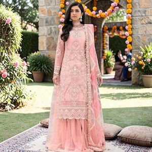 Blush Pink Net Georgette Embroidered Suit Material with Multi Thread & Sequence Work | Festive Party Wear