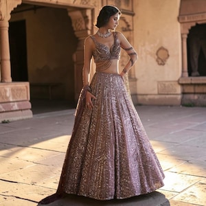 Dusty Rose Kasturi Silk Lehenga Choli, Sequins Dori Work Bridal Wedding Set
