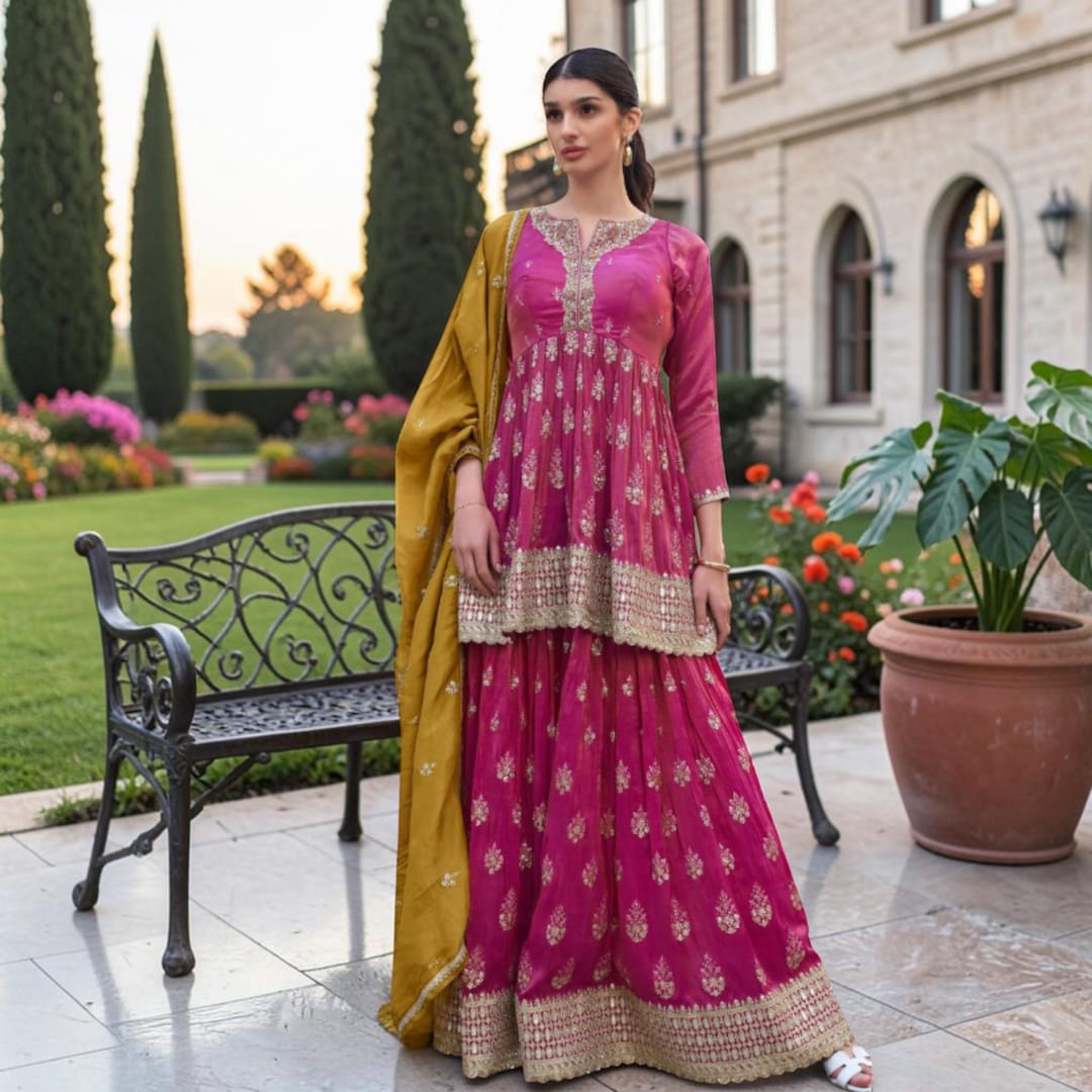 Simar R Ensemble palazzo rose pakistanais Simar, dupatta en mousseline brodée ...