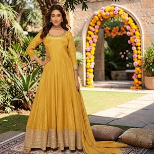 Mustard Yellow Pure Viscose Jacquard Silk Anarkali Gown Set with Sequence Work Dupatta | Free Size Stitched