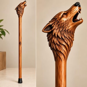 May include: A wooden walking stick featuring a detailed, hand-carved wolf head handle with an open mouth and visible teeth. The shaft is made of smooth, light brown wood with a visible grain pattern and a black rubber tip at the base.