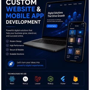May include: A dark blue promotional flyer for HC Analytics featuring a laptop and smartphone displaying website and mobile app interfaces. The text includes Custom Website & Mobile App Development, Modern Solutions, and a list of technologies like React, Next.js, Laravel, Node.js, Flutter, and Firebase.