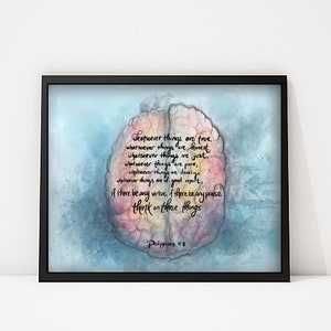 Brain Bible Verse Watercolor Art - Neurology Art - Philippians 4:8 - Healthcare worker gift