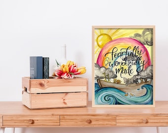 Watercolor print - baby animals Noah’s ark - Fearfully and Wonderfully Made- baby shower gift- bible verse art