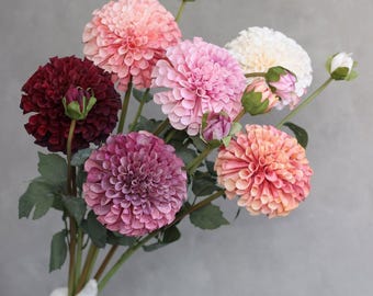 May include: A bouquet of colorful dahlias in shades of burgundy, pink, peach, and white. The flowers have a layered petal design and are held together by green stems and leaves. The background is a solid gray.