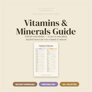 Vitamine und Mineralien Nahrungsquellen Tabelle zum Ausdrucken | 30 Nährstoff-Ratgeber | Vollwertige Ernährung | Poster für die Küche | Digitaler Download PDF A4