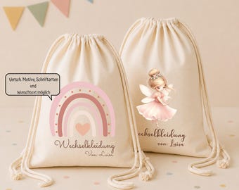 Wechselkleidung Kindergarten Beutel mit Namen und Wunschmotiv personalisiert - versch. Modelle Regenbogen Prinzessin
