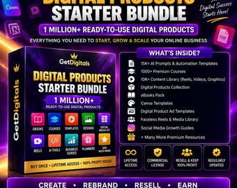 Startpakket voor digitale producten, meer dan 1 miljoen bronnen, Canva-sjablonen, AI-tools (digitale download)