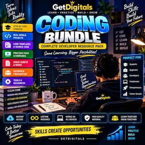 May include: A digital advertisement for the GetDigitals Coding Bundle featuring a person at a computer with code on the screen. The graphic includes lists of resources like step-by-step courses, code templates, and cheat sheets with text overlays.