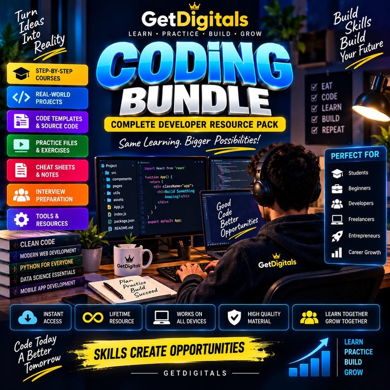 Op de afbeelding: Een digitale advertentie voor het GetDigitals Coding Bundle met een persoon achter een computer met code op het scherm. De afbeelding bevat lijsten met bronnen zoals cursussen en sjablonen, samen met diverse tekstoverlays.