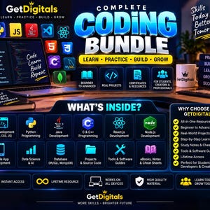 Op de afbeelding: Een digitaal educatief product getiteld Complete Coding Bundle met iconen voor programmeertalen zoals Python, Java en React. De afbeelding toont tekst waaronder What's Inside, Why Choose GetDigitals en Learn Practice Build Grow.