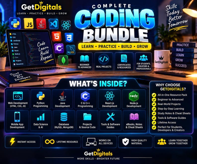 Op de afbeelding: Een digitaal educatief product getiteld Complete Coding Bundle met iconen voor programmeertalen zoals Python, Java en React. De afbeelding toont tekst waaronder What's Inside, Why Choose GetDigitals en Learn Practice Build Grow.