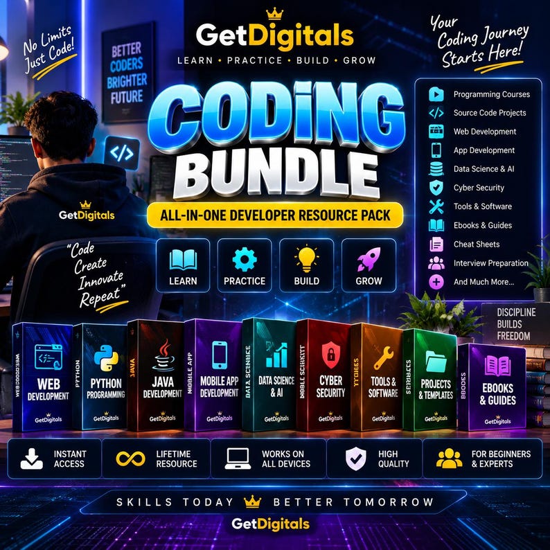 Op de afbeelding: Een digitaal coding bundle resource pack met een donkerblauwe achtergrond en neonaccenten. Het toont tekst zoals Coding Bundle, All-in-One Developer Resource Pack en verschillende categorie&euml;n zoals Web Development, Python, Java en Data Science.