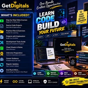 Op de afbeelding: Een digitale marketingafbeelding voor GetDigitals met een laptop, monitor en boeken op een bureau. De tekst bevat 'LEARN CODE BUILD YOUR FUTURE', 'WHAT'S INCLUDED?' en een lijst met educatieve bronnen zoals videocursussen, projecten en loopbaanbegeleiding.