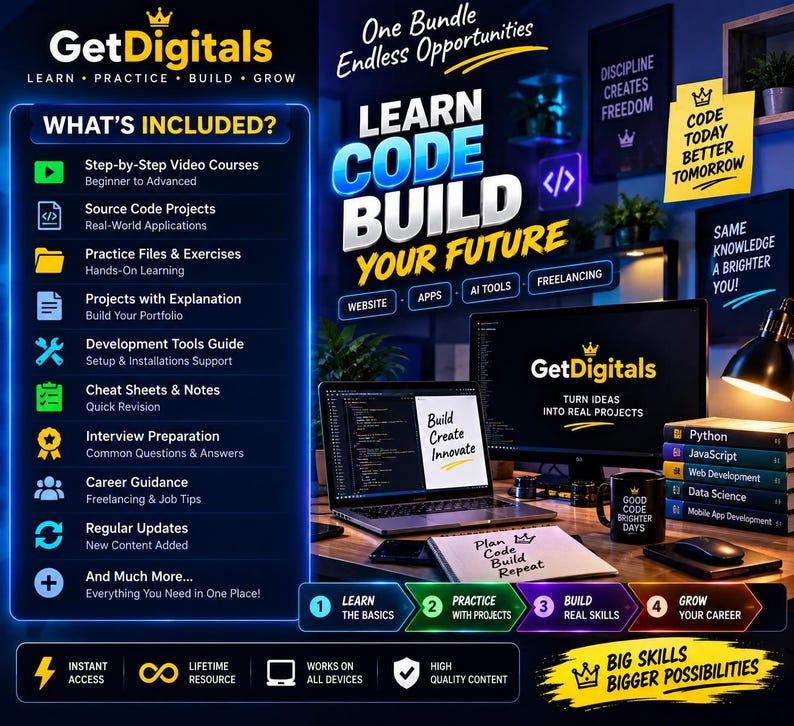 Op de afbeelding: Een digitale marketingafbeelding voor GetDigitals met een laptop, monitor en boeken op een bureau. De tekst bevat 'LEARN CODE BUILD YOUR FUTURE', 'WHAT'S INCLUDED?' en een lijst met educatieve bronnen zoals videocursussen, projecten en loopbaanbegeleiding.