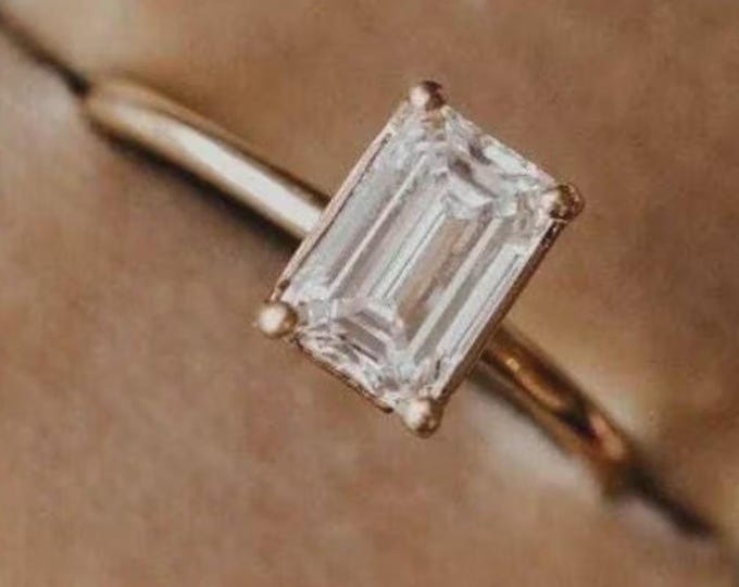 Emerald Cut Moissanite Engagement Ring, Solitaire 14K Solid Gold Wedding Ring, Custom Bridal Ring, Promise Anniversary Gift for Her