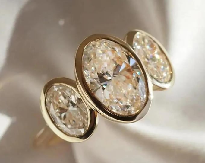 Oval Cut Moissanite Engagement Ring, 14K Solid Gold Three Stone Bezel Set Bridal Ring, Vintage Inspired Wedding Ring Jewelry