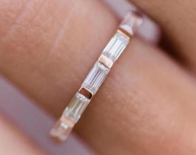 Baguette Cut Moissanite Eternity Bridal Wedding Band, 14K Solid Gold Minimalist Engagement Stacking Ring, Vintage Promise Band