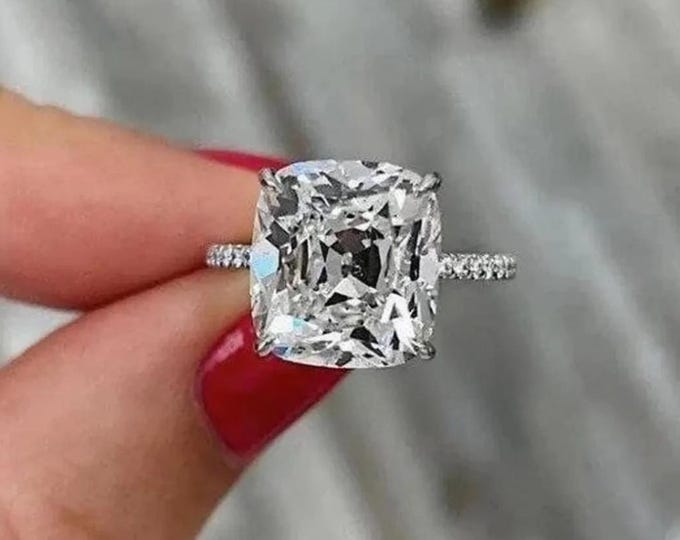 7CT Cushion Cut Moissanite Engagement Ring, 14K White Gold Solitaire Pave Set Ring, Large Luxury Statement Ring, Elegant Gift For Wife
