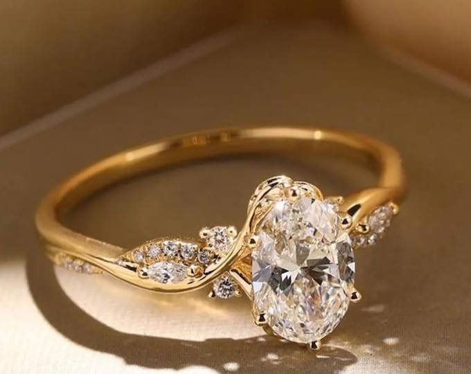 Art Deco Oval Cut Moissanite Engagement Ring, 18K Solid Gold Floral Cluster Set Proposal Ring,  Bridal Promise Women Jewelry Gift
