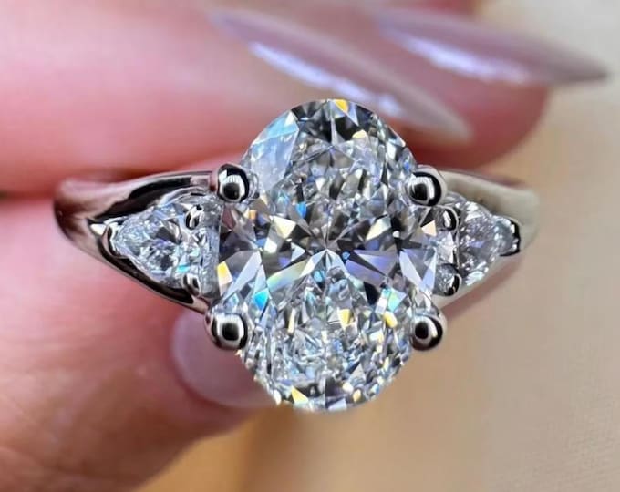 Three Stone Oval Cut Moissanite Engagement Ring, 14K Solid Gold Wedding Ring With Pear Side Stones Anniversary Gift For Wife