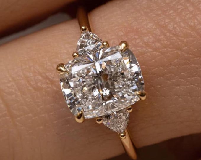 Elongated Cushion Cut Three Stone Engagement Ring, 14K Gold Triangle Side Stones Wedding Ring, Vintage Inspired Romantic Bridal Jewelry